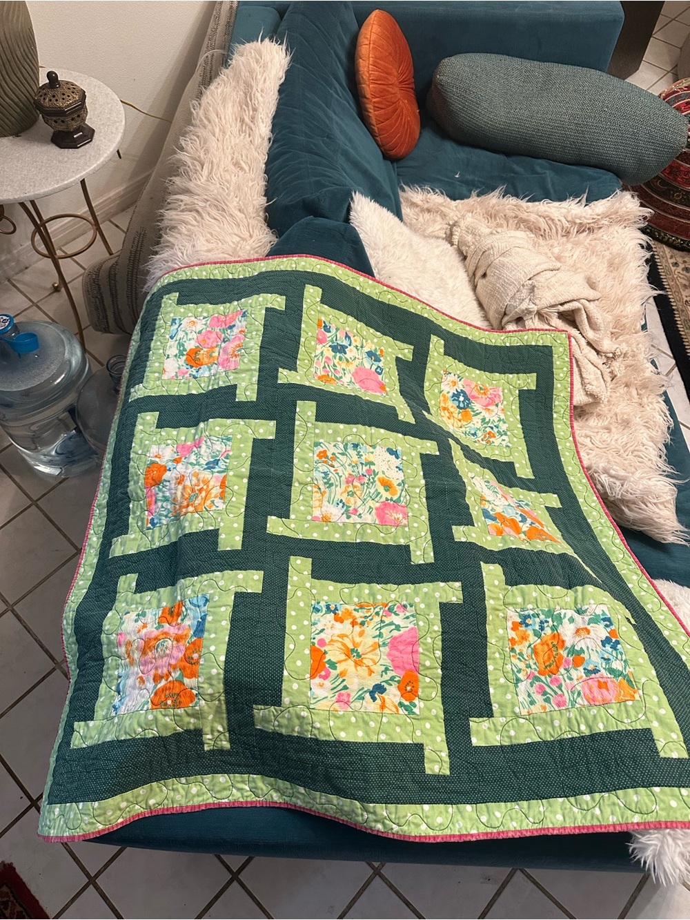 Handmade Floral Patchwork Quilt - Green Floral
